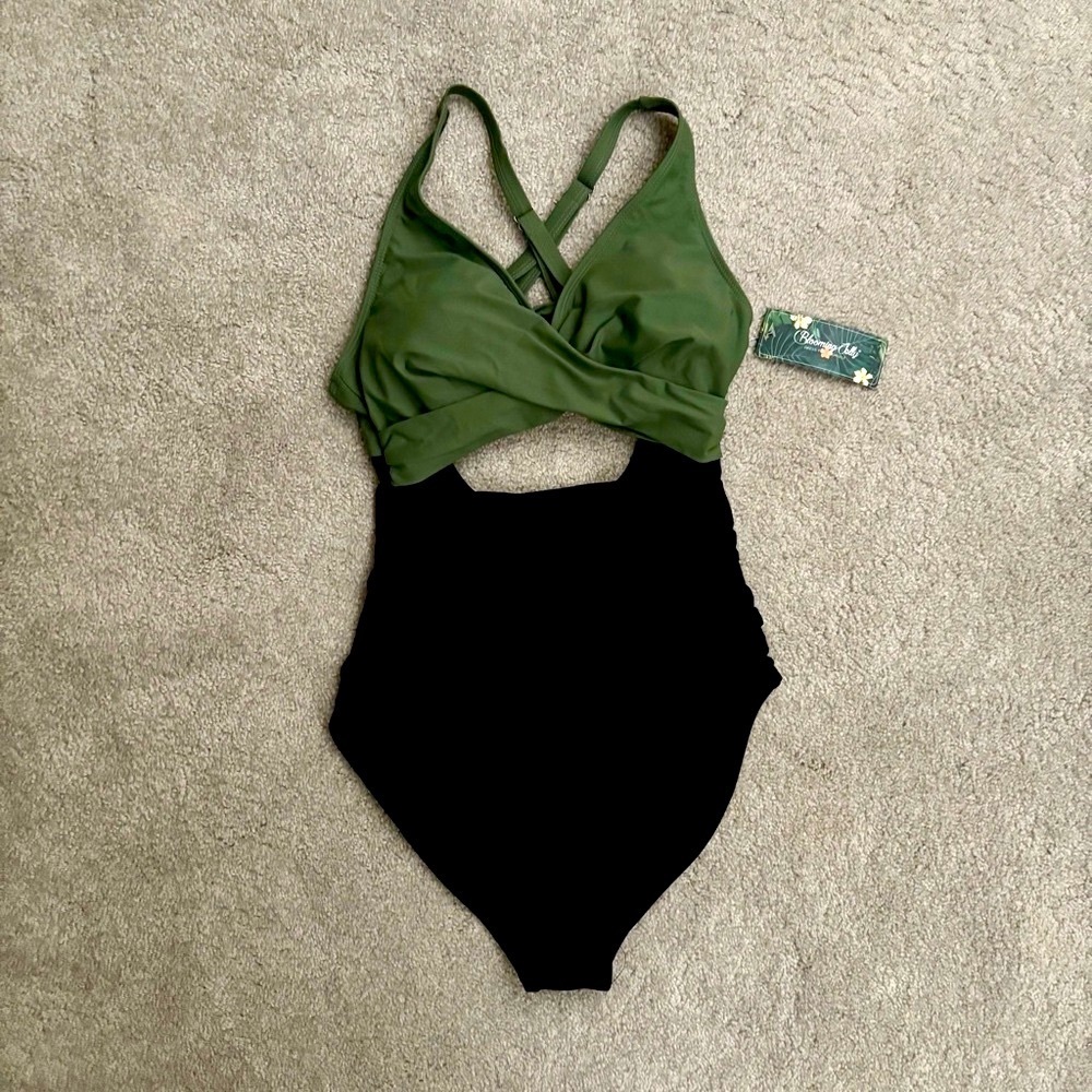 Blooming Jelly Black & Green One-Piece Swimsuit w/ Cross-Wrap Back Tie